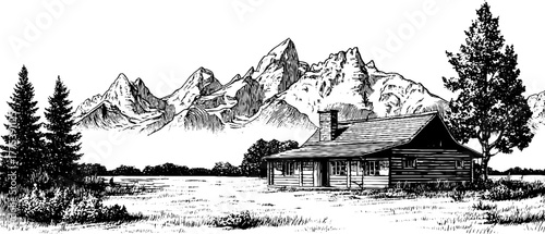 Rustic mountain cabin scene with smoking chimney in vintage style for retro decoration