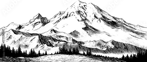 Vintage mountain landscape with majestic peaks and valleys engraving for design and print