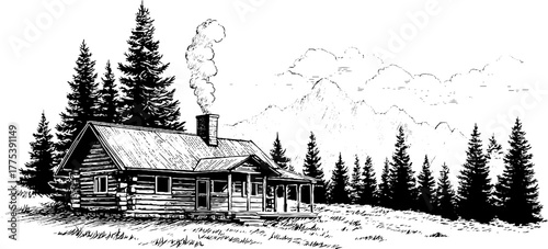 Rustic mountain cabin with smoking chimney in vintage engraving style for nature-themed design