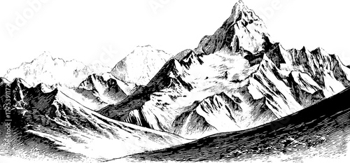 Vintage engraving of mountain landscape with peaks and valleys for design use