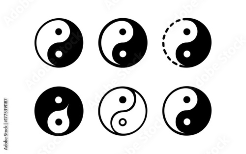 Yin yang symbols: diverse flat design variations in black and white