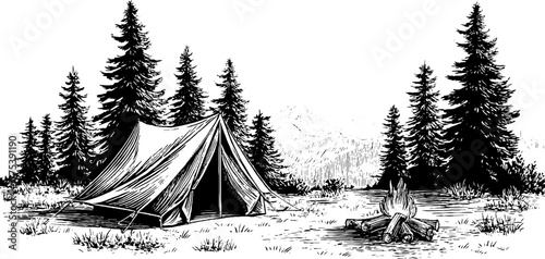 Serene mountain camping with tent and campfire in vintage style for nature lovers