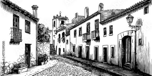Vintage engraving of old city street with cobblestone path for retro design