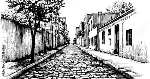 Vintage engraving of an old city street with cobblestone path - retro urban scene for design