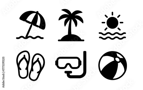 Summer beach icons: palm tree, sun, umbrella, and flip flops in minimalist black silhouette style