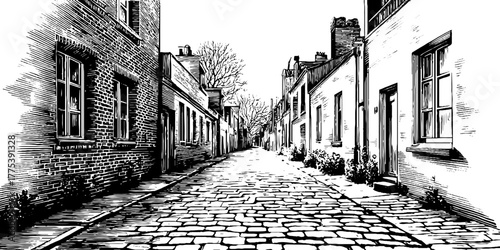 Vintage cobblestone path in old city street - hand drawn engraving design for retro decor