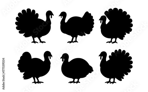 Silhouette collection of turkeys in various poses for seasonal designs