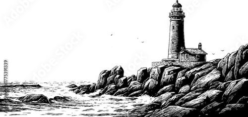 Vintage lighthouse on rocky shore with waves in classic engraving style