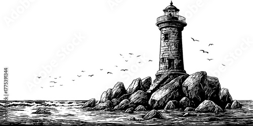 Vintage lighthouse on rocky shore with seagulls and ocean waves - classic nautical scene for posters and designs