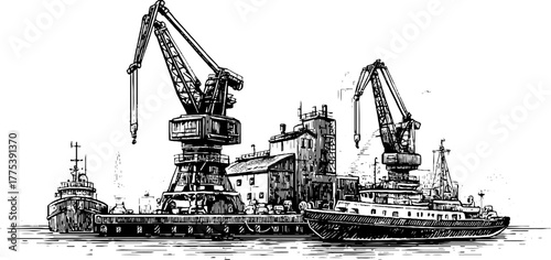 Vintage shipyard scene with boats and cranes in engraving style for retro design