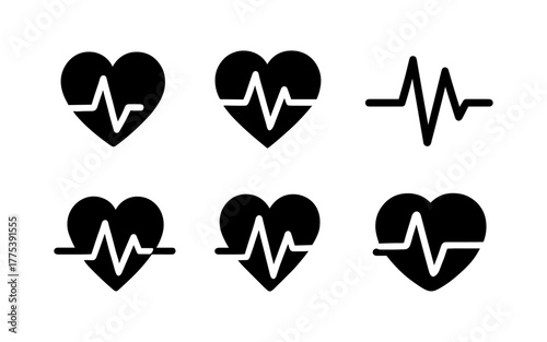 Heartbeat icon set: black heart with pulse line symbols for health and fitness designs