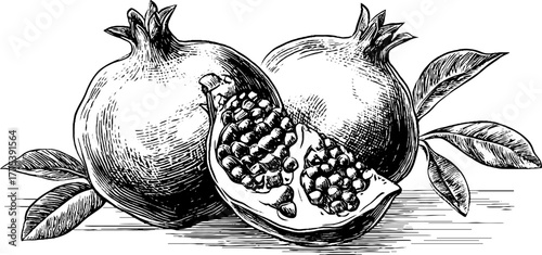Pomegranate split open revealing seeds in vintage engraving style