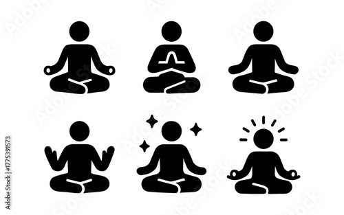 Simple meditation icons: minimalist silhouette of yoga and wellness poses