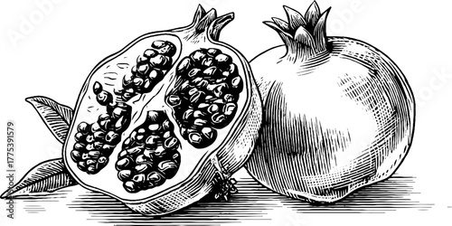 Vintage pomegranate illustration with split open fruit showing seeds in engraving style for retro design