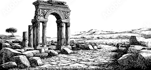 Ancient roman ruins with arches and broken pillars vintage engraving for historical design