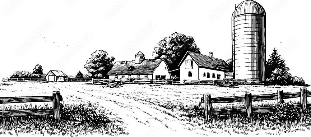 Fototapeta premium Vintage rural farm scene with silo and fencing in engraving style for rustic design