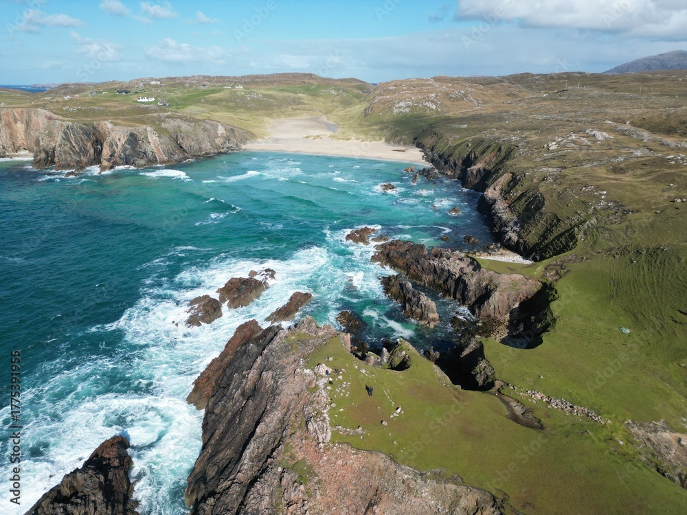 Obraz premium Drone View of Mangersta sea stacks on the Isle of Lewis in the outer Hebrides Scotland