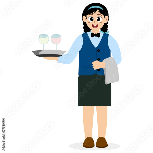 Friendly waiter holding a towel wrapped around his arm, Restaurant Waiter female Character. restaurant waiter carrying a tray of drinks, wine, taking orders, Cartoon Person Vector Illustration