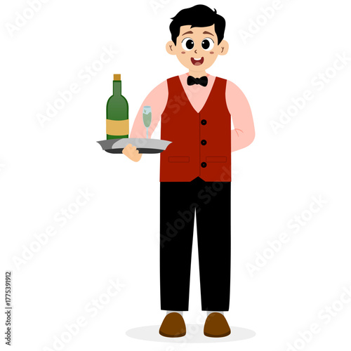 Friendly waiter holding a towel wrapped around his arm, Restaurant Waiter Male Character. restaurant waiter carrying a tray of drinks, wine, taking orders, Cartoon Person Vector Illustration