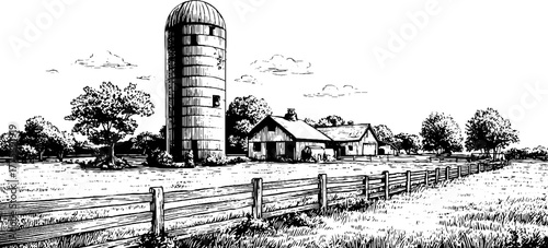 Rustic farm landscape with silo and fencing in vintage engraving style for design projects