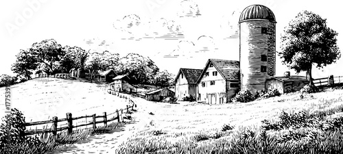 Rustic countryside farm with silo and fencing in vintage engraving style for poster or card design
