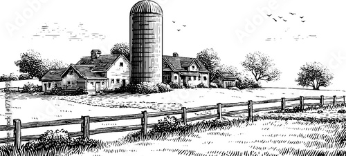 Vintage rural farm scene with silo and fencing in engraving style for poster design