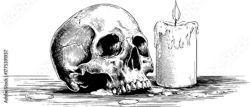 Dripping wax candle on skull in vintage engraving style for halloween designs