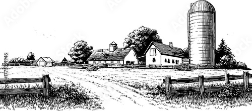 Vintage rural farm scene with silo and fencing in engraving style for rustic design
