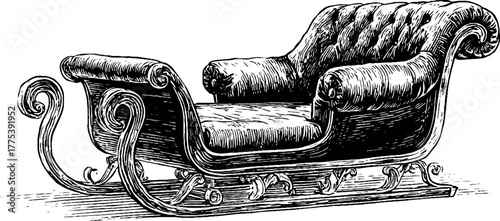 Vintage sleigh with ornate runners in engraving style for holiday design