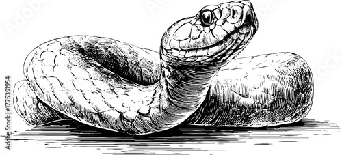 Vintage snake with coiled body and raised head in engraving style for design decor
