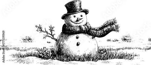 Vintage snowman with scarf and hat in engraving style for holiday design