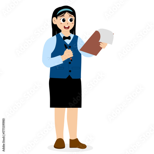 Friendly waiter holding towel wrapped around his arm, Restaurant Waiter female Character. restaurant waiter taking orders, taking orders, Cartoon Person Vector Illustration