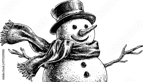 Vintage snowman with scarf and hat in engraving style for winter holiday designs