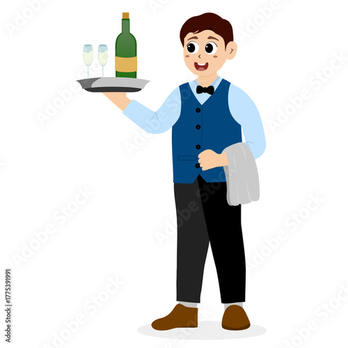Friendly waiter holding a towel wrapped around his arm, Restaurant Waiter Male Character. restaurant waiter carrying a tray of drinks, wine, taking orders, Cartoon Person Vector Illustration