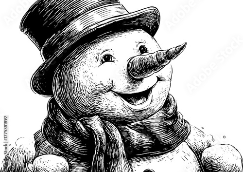 Cheerful snowman with scarf and hat in vintage engraving style for winter decorations