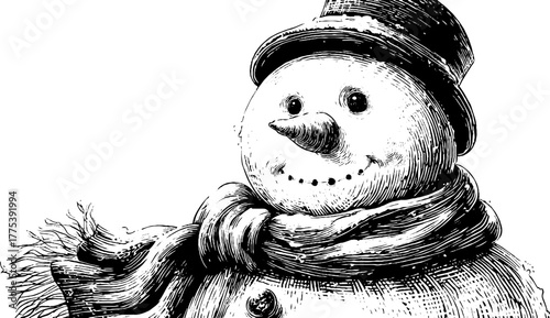 Vintage snowman with scarf and hat in engraving style for holiday design