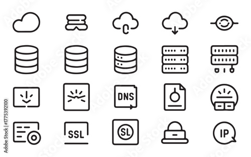  Collection of hand drawn cloud computing and network technology icons in black and white