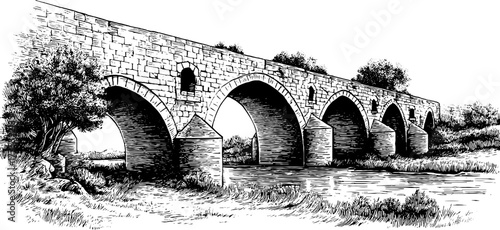 Vintage stone bridge with arches in black and white engraving style for design and decoration