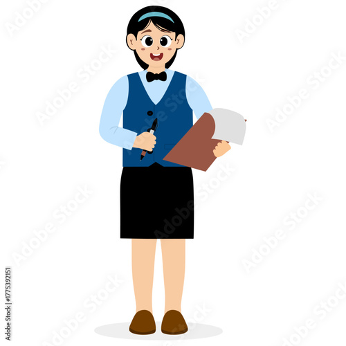 Friendly waiter holding towel wrapped around his arm, Restaurant Waiter female Character. restaurant waiter taking orders, taking orders, Cartoon Person Vector Illustration