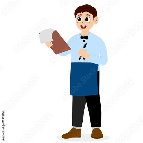 Friendly waiter holding towel wrapped around his arm, Restaurant Waiter Male Character. restaurant waiter taking orders, taking orders, Cartoon Person Vector Illustration