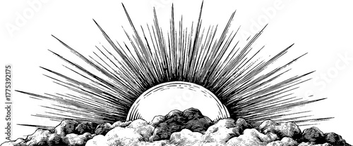 Vintage sunburst rays with clouds in engraving style for retro design