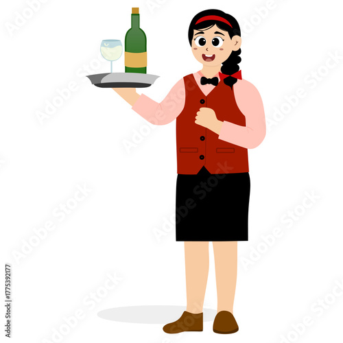 Friendly waiter holding a towel wrapped around his arm, Restaurant Waiter female Character. restaurant waiter carrying a tray of drinks, wine, taking orders, Cartoon Person Vector Illustration