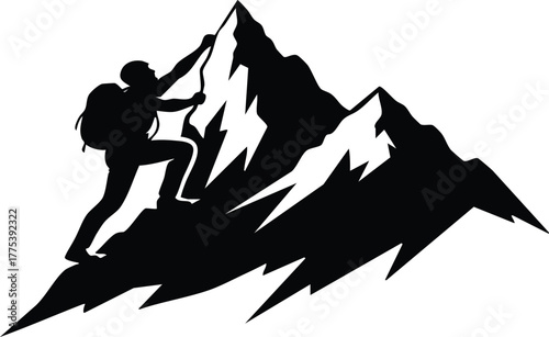 Silhouette of a determined hiker scaling a rugged mountain peak, symbolizing achievement and adventure