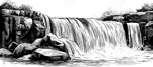 Vintage engraving style waterfall cascading over rocks for nature-themed designs