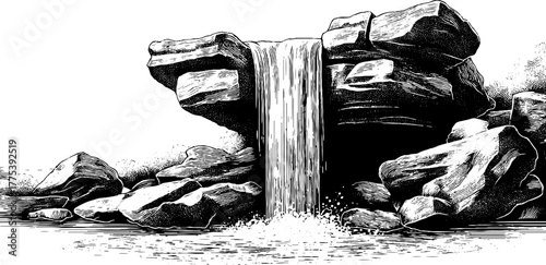 Vintage engraving of waterfall cascading over rocks for nature-inspired design