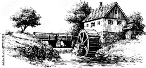 Charming vintage watermill by stream with turning wheel and rustic scenery