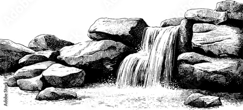 Vintage engraving of waterfall cascading over rocks in black and white for nature design