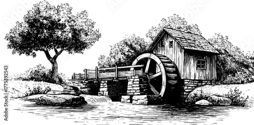 Vintage watermill by stream with turning wheel - hand-drawn engraving for retro design