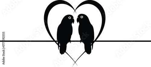 Two lovebirds perched on a wire within a heart shape, symbolizing romance and connection.