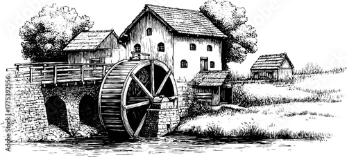 Vintage watermill scene with turning wheel by a stream - hand-drawn engraving for retro design